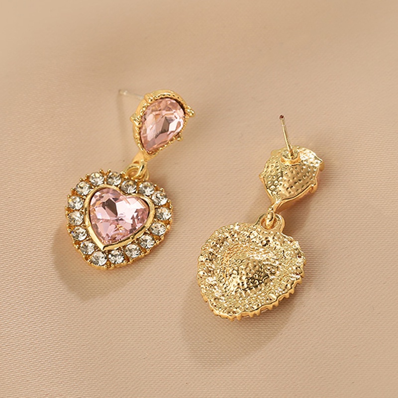 2022 Anting Tusuk Gantung Wanita Desain Hati Hias Kristal / Berlian Warna Pink Gaya Retro Untuk Hadiah