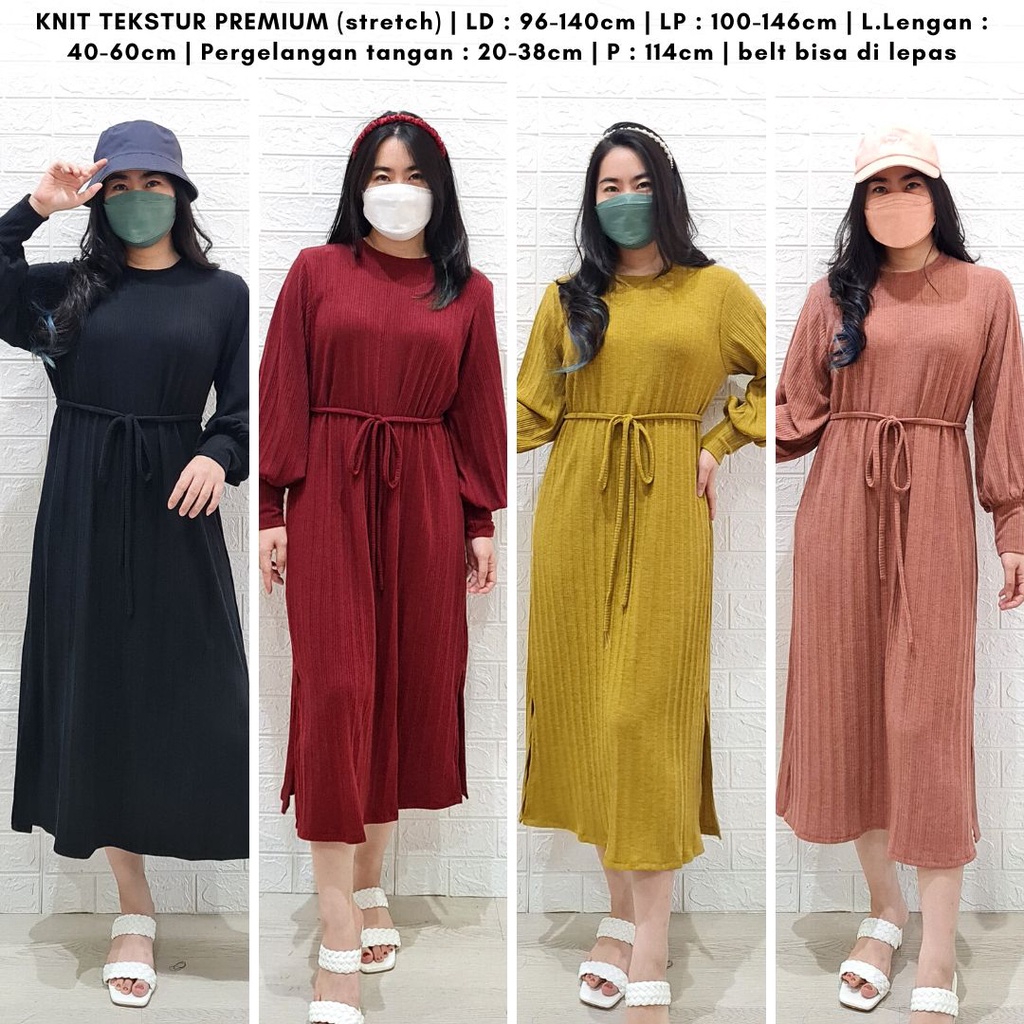 4338 dahyun strap knit midi dress polos long dress rib knit dress lengan panjang