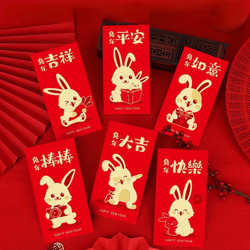 6 Pcs / Set 2023 Amplop Angpao Tahun Baru Cina / Imlek Motif Kartun Kelinci Warna Merah Untuk Anak