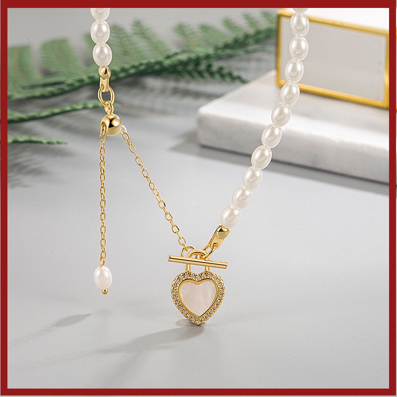 Kalung Rantai Dengan Liontin Hati + Mutiara Untuk Wanita U1398