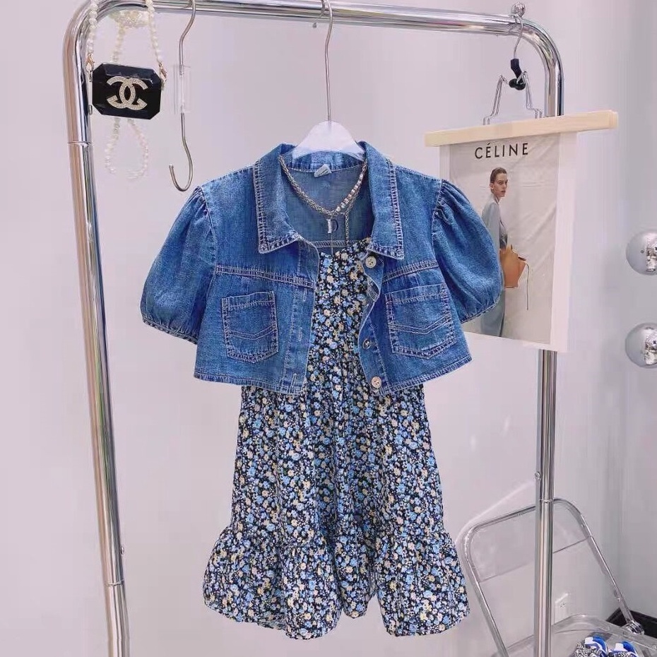 CHUBBI 64 Dress Anak Perempuan Fashion Korea Bunga + Rompi Jeans