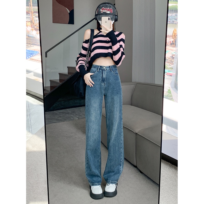 Import Biru Retro Serbaguna Celana Jeans Wanita High Waist Loose