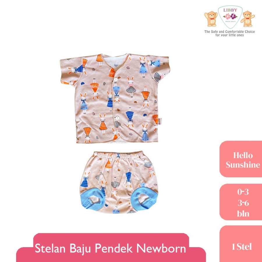 LIBBY SETELAN BAJU PENDEK NEWBORN KANCING DEPAN MOTIF HELLO SUNSHINE