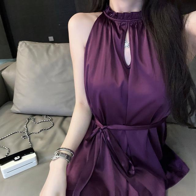 Suhao Original |Han Yujia Purple Halter Neck Strapless Dress Summer Girl Pure Desire Tie Pinggang Pinggang Satin High-end Sensasi Rok