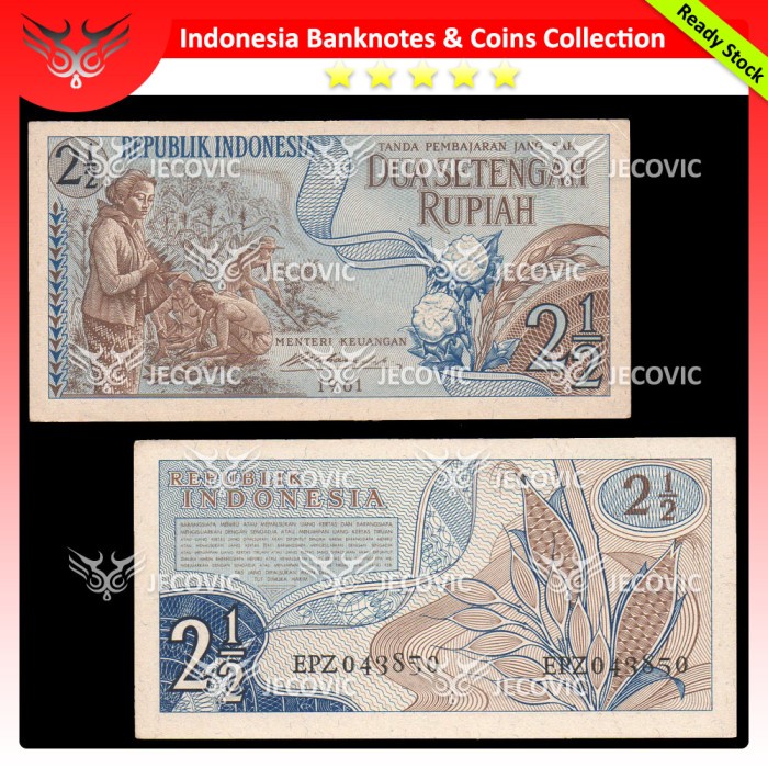 INDONESIA 2 1/2 Rupiah 1961 , AUNC , Uang Kuno