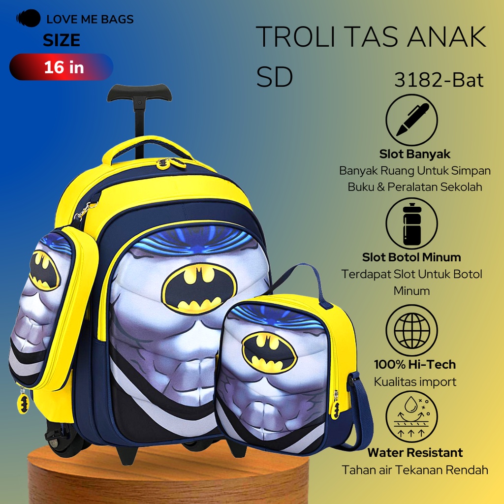 LMB Tas Troli Anak Laki Laki SD Import Karakter Superhero Bagian Depan Timbul 6D Bahan Nilon Premium Kuat dan Tebal Nyaman Dipakai