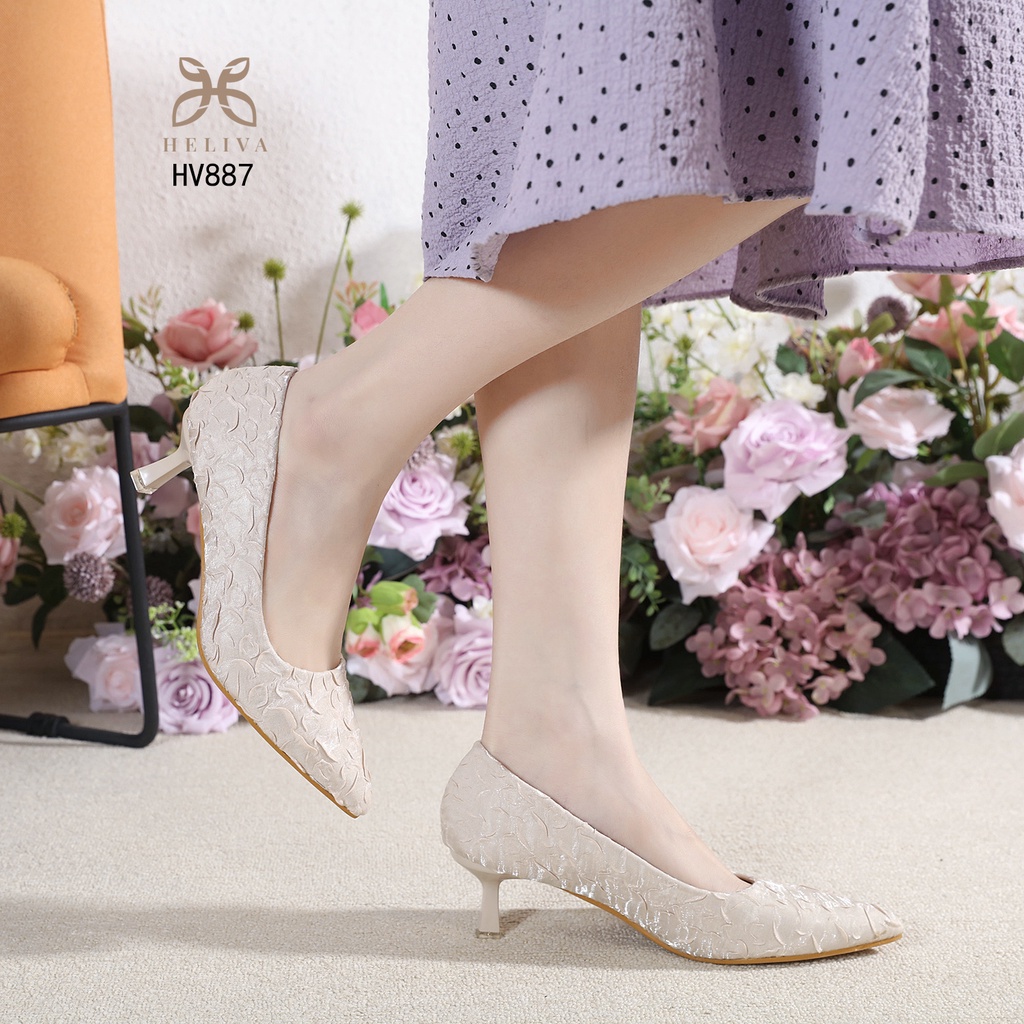 HELIVA LORA High Heels 5,5cm Slip On Shoes Ujung Lancip Bahan Lace Kulit Sepatu Pesta Kondangan HV887 Original Brand