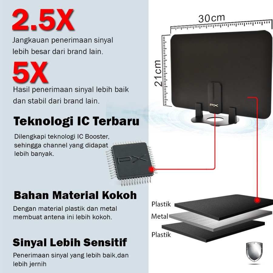 Antena TV Dinding Digital Analog Indoor DVB T2 + Booster PX UDA-3000A