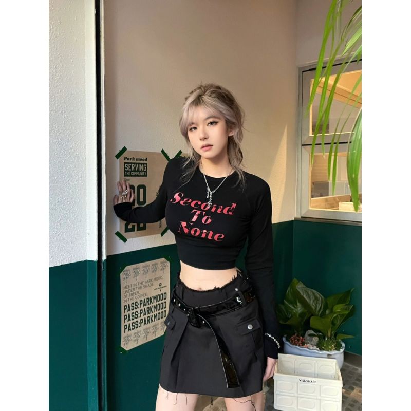 Suhao American retro hot girl letter printing elastis pinggang pendek T-shirt chic murni keinginan angin lengan panjang top musim gugur wanita