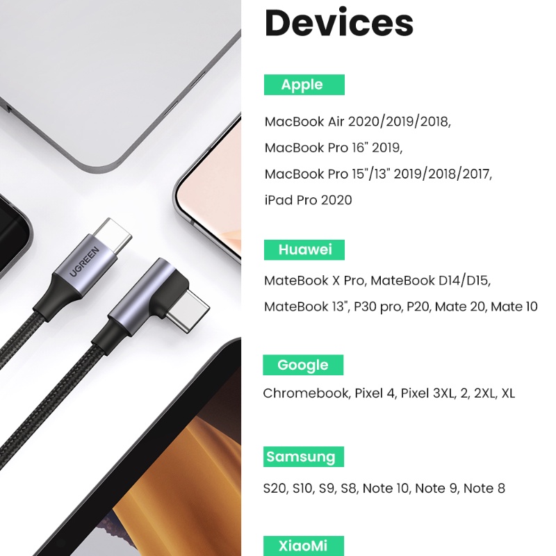 Ugreen PD100W 60W Kabel Fast Charging USB-C Ke Tipe-C Siku 90 Derajat 4.0 PD