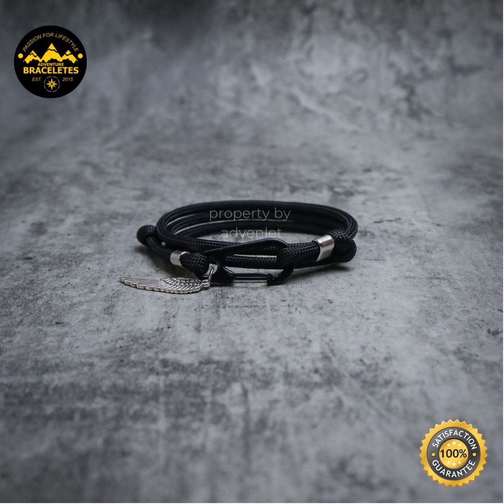 Gelang Pria Tali Paracord 4mm Snaphook Hitam Polos Flat Spacer Charm Sayap Premium Adjustable