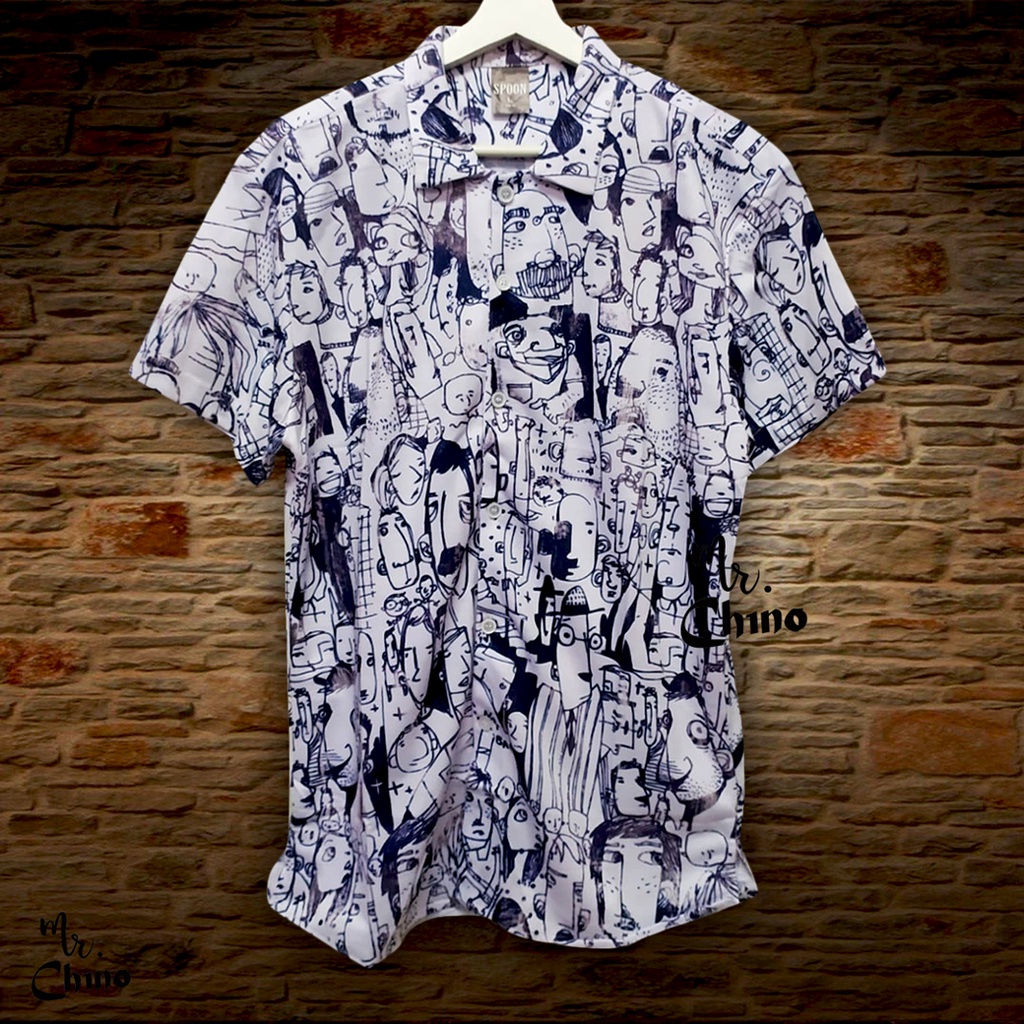 Baju Kemeja Motif Odd Faces Doodle | Kemeja Korea Pria Dewasa Kekinian | Kemeja Distro Cowok Gambar 