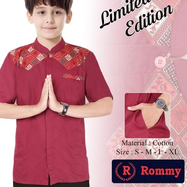 Kemeja / Baju Koko Muslim Anak - Biru Dongker Kombinasi Batik - Hitam, 2-3 tahun