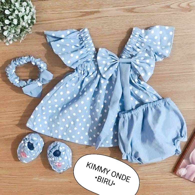 Setelan Baju Anak Bayi Perempuan Atasan Dan Celana Pendek Motif Kimmy Onde cewek Free Sepatu Dan Headband Estimasi Usia 0-6 Bulan