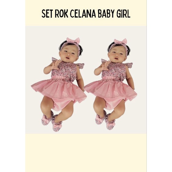 Baju bayi perempuan setelan rok celana+sepatu+bandana