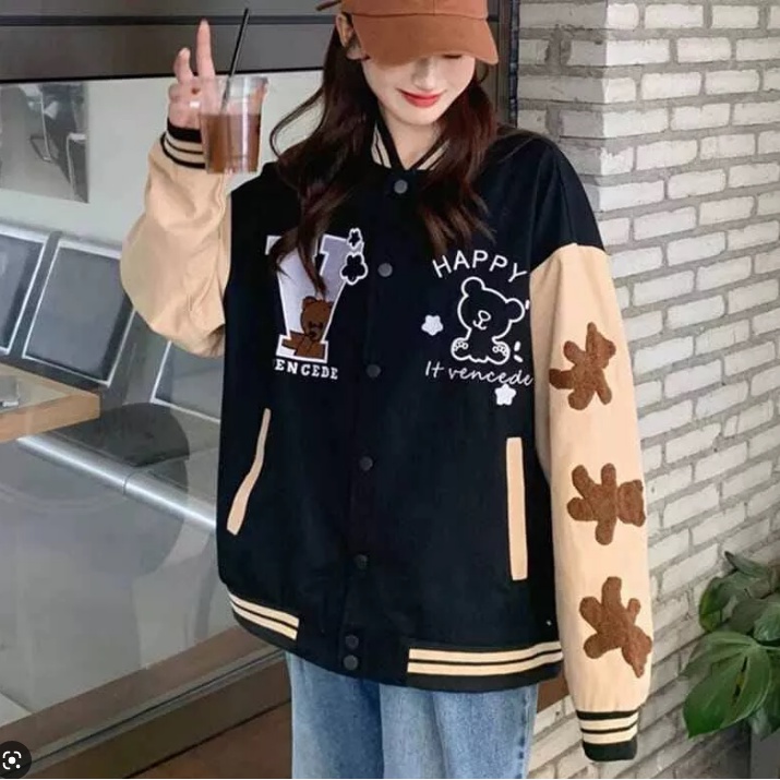 Jacket Baseball Varsity V Bear - Korean Style - Wanita Dan Pria - Bahan Fleece