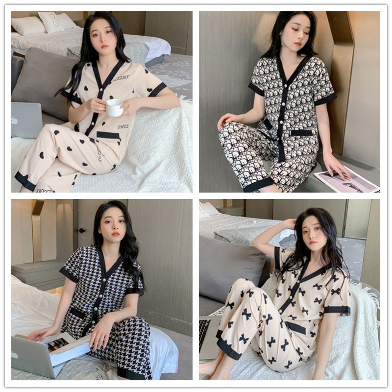 TELLY ➡️ 341set baju tidur Baru musim panas es sutra piyama wanita atasan lengan pendek + celana setelan homewear