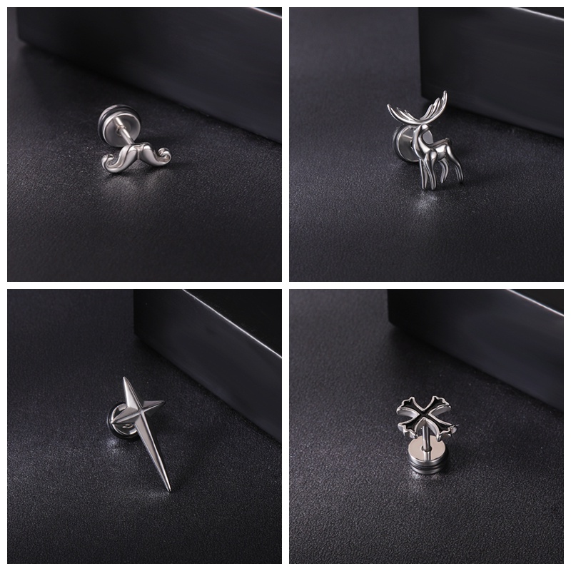 1 PC Anting Stud Desain Tengkorak Salib Bahan Stainless Steel Gaya Punk Korea