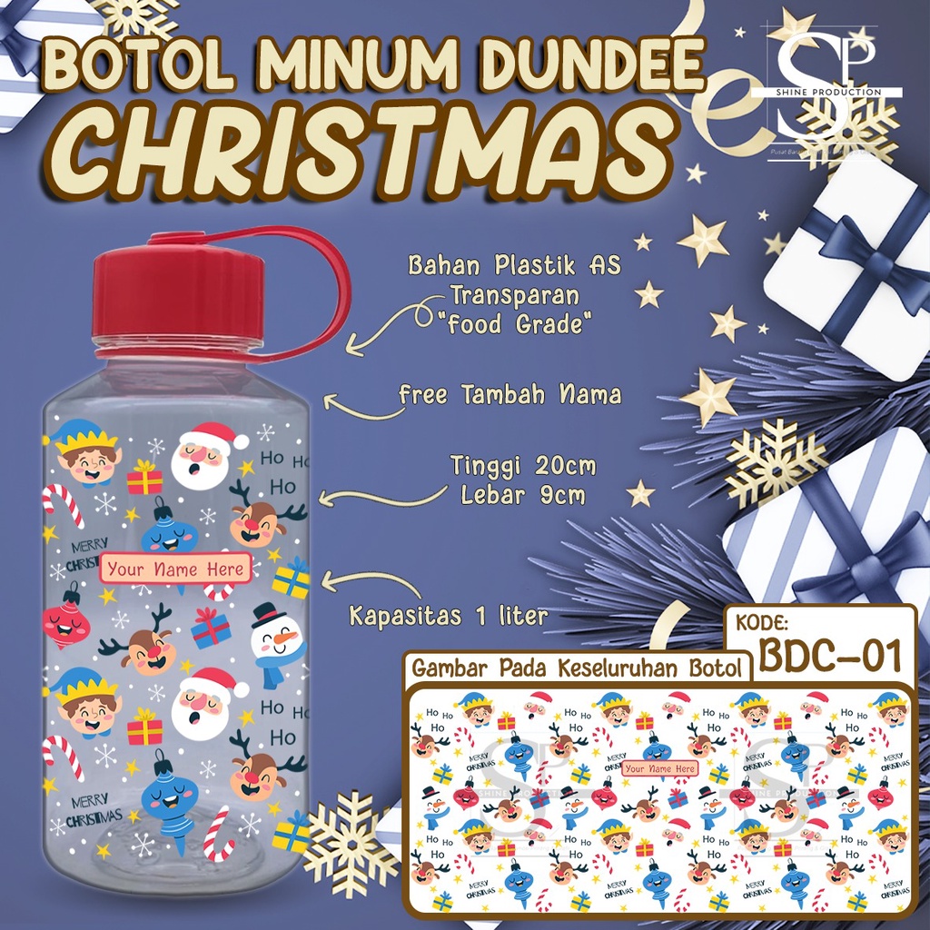 Botol Minum Christmas Edition 1 Liter BPA FREE Custom Nama