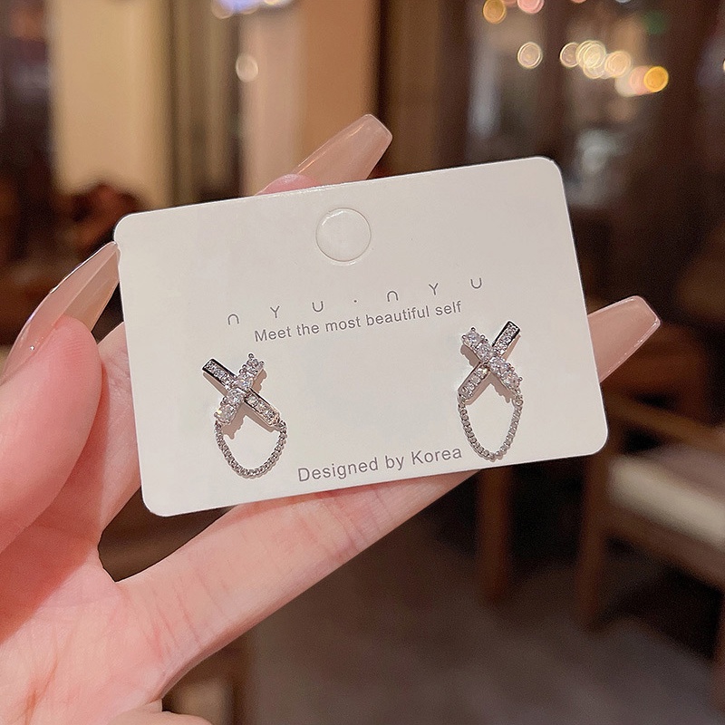 Anting Tusuk Gantung Bahan Sterling Silver 925 Bentuk X Hias Zircon Gaya Simplekeren Untuk Wanita
