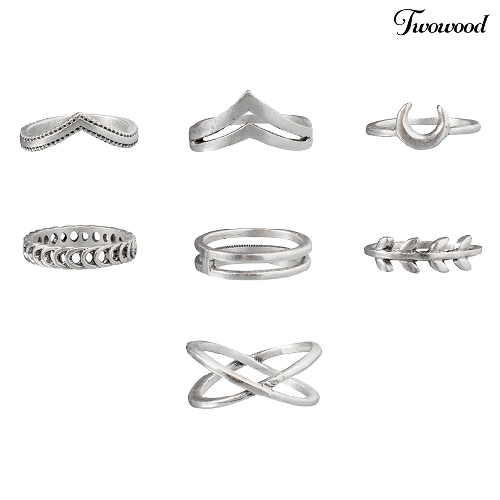 7pcs Cincin Jari Bentuk Daun Bulan Bahan Alloy Untuk Pesta