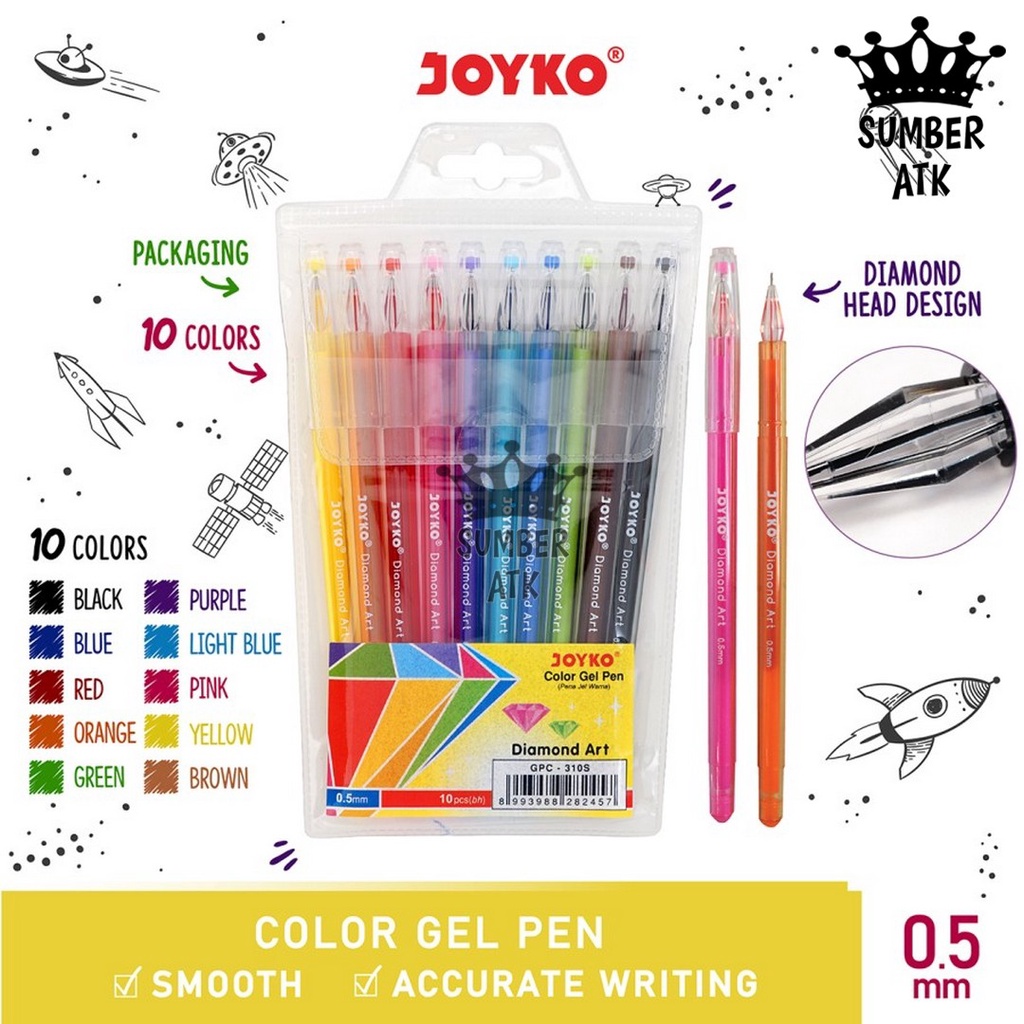 

Color Gel Pen Pena Jel Warna Joyko GPC-310S Diamond Art 10 Warna 0.5mm