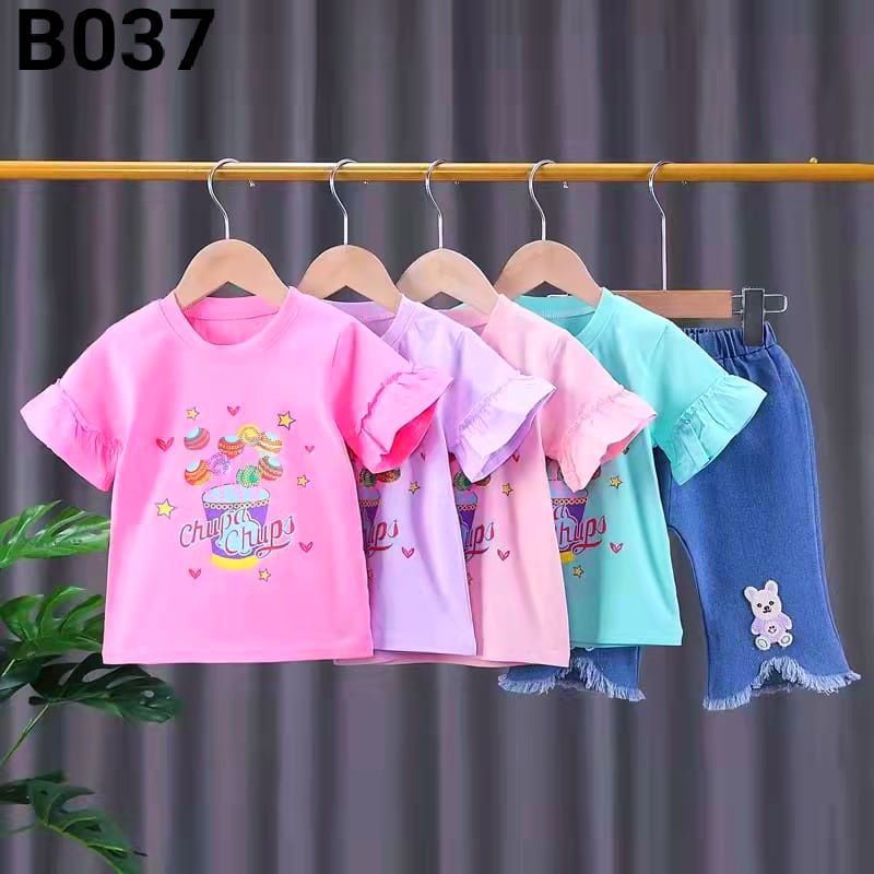 Setelan anak perempuan atasan jins cherry import 1-5 tahun/ Baju Setelan kaos celana Jeans cutbray anak cewek tanggung