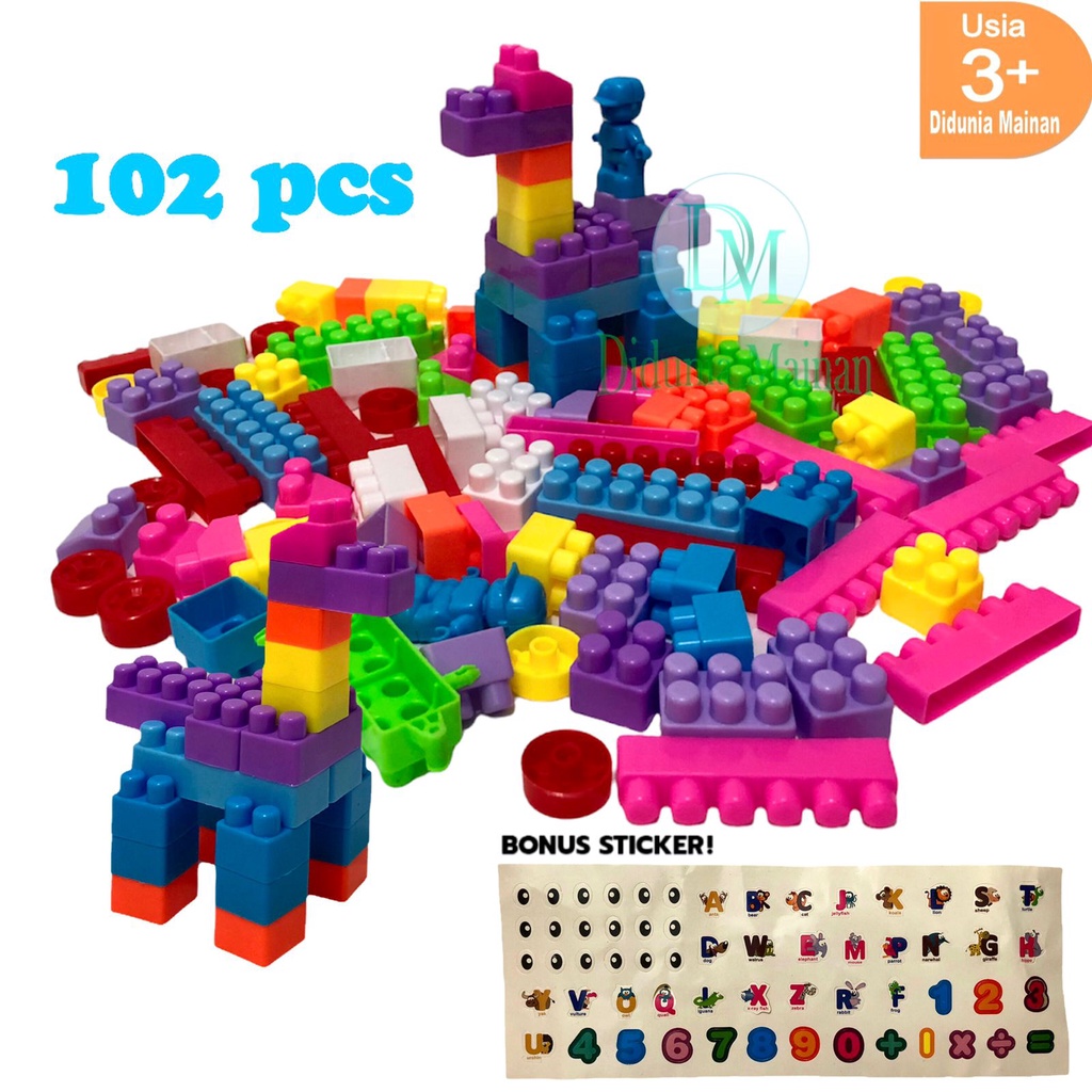 Mainan edukasi anak happy time tas balok susun bongkar pasang set building bricks block isi 102 pcs