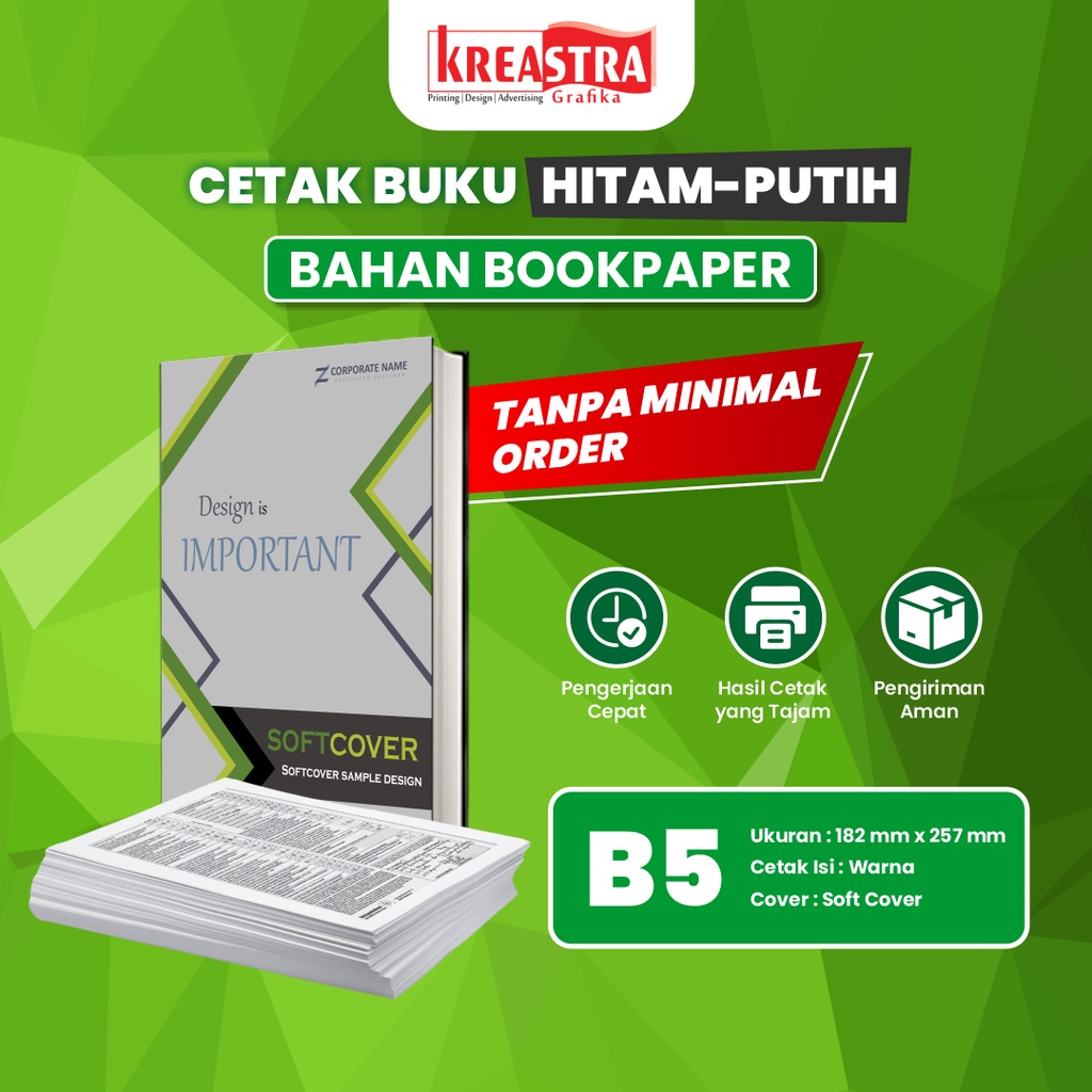 

Jasa Cetak Percetakan Buku Ukuran B5 Isi Hitam Putih Bahan Bookpaper Sampul Soft Cover
