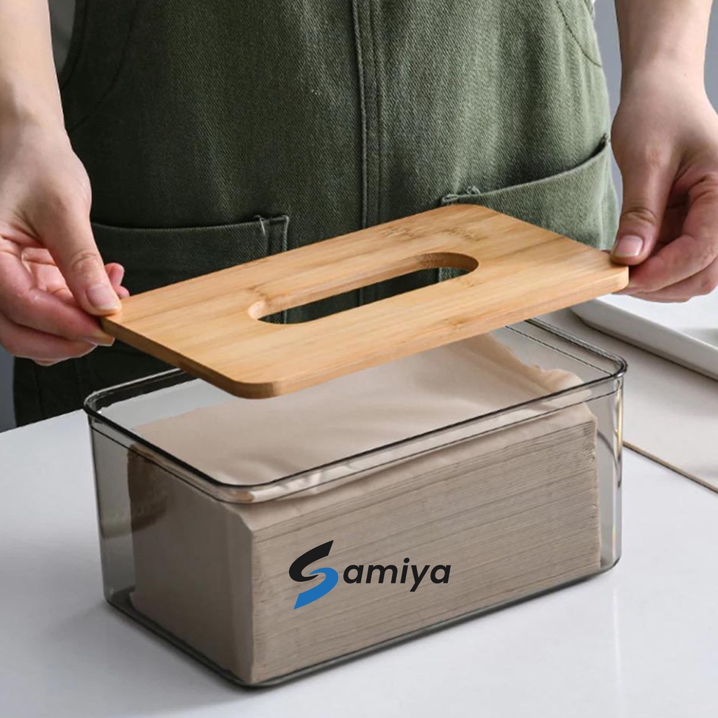 box kotak tempat tissue transparan bamboo lid / tempat tisu korea tutup bambu box kotak bening