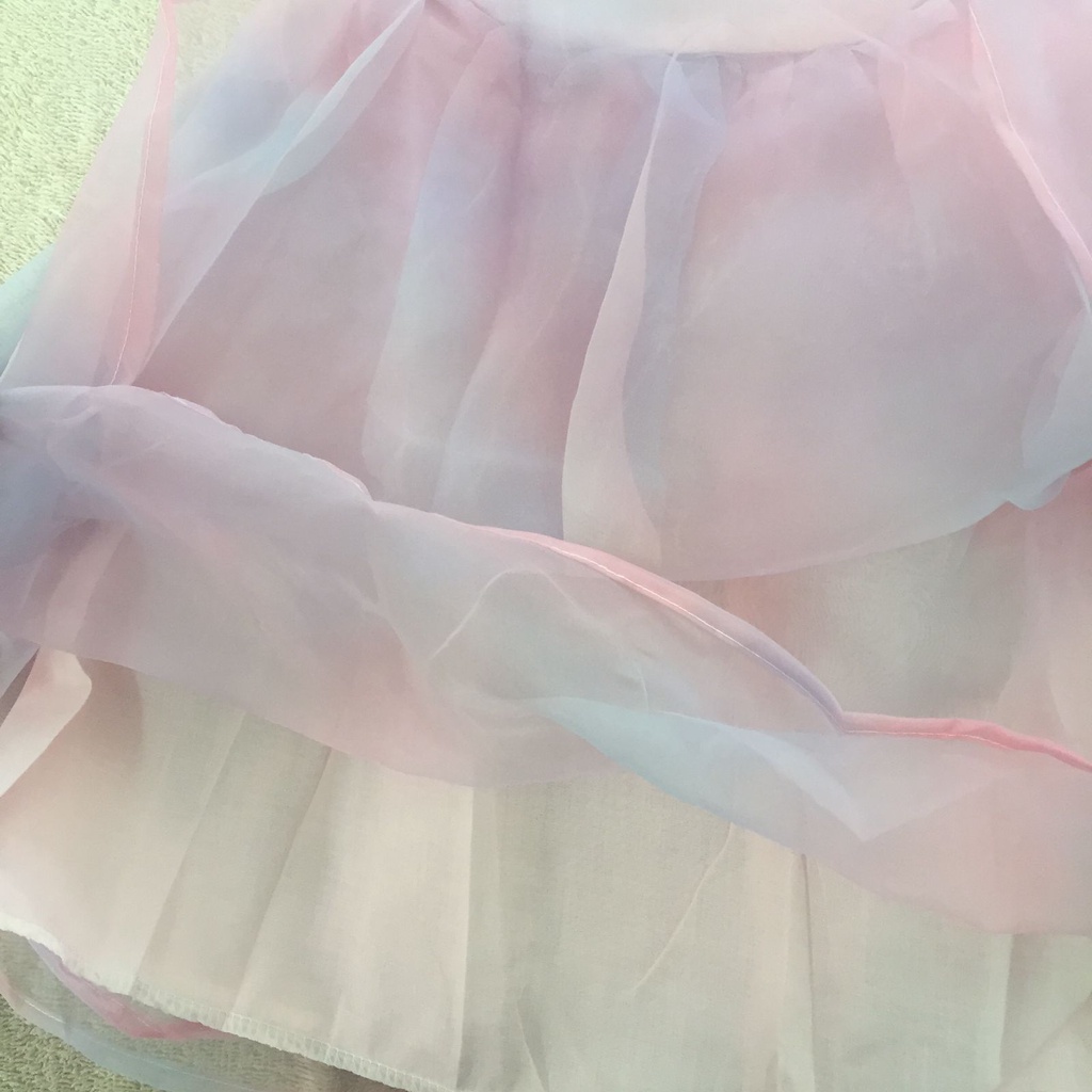 Dress rainbow anak import 3-11th lengan balon pita besar organza