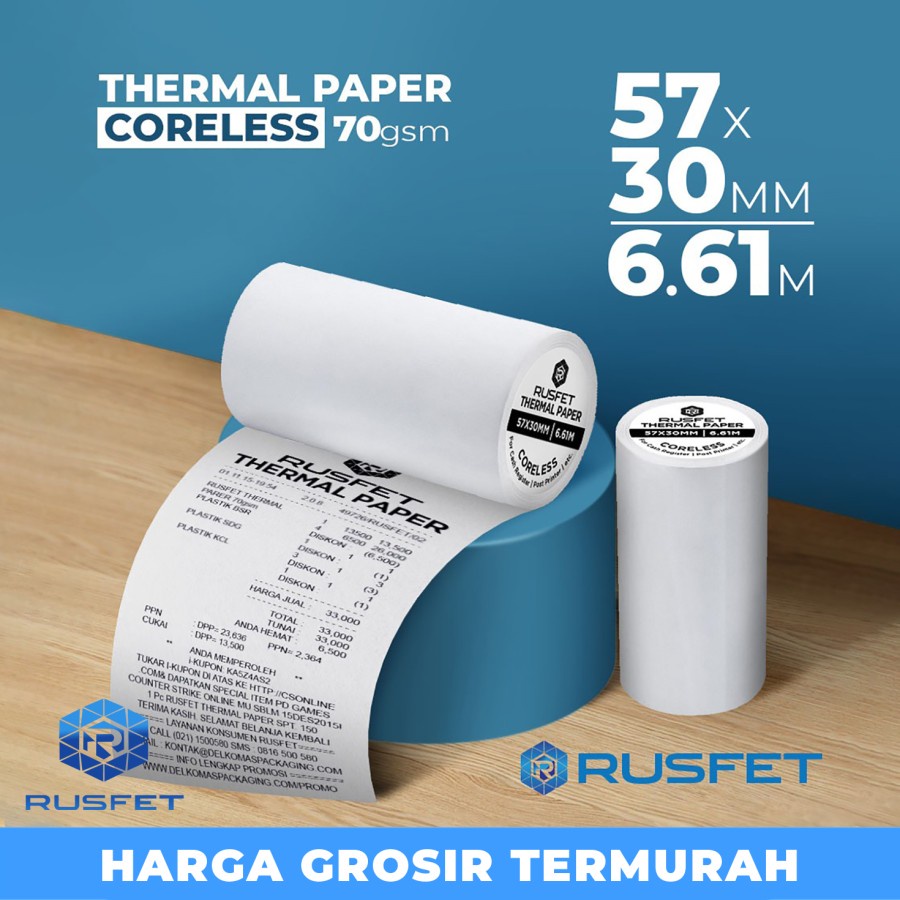 

Paper Thermal Kertas Termal Printer Struk Kasir Barcode RUSFET 57x30mm