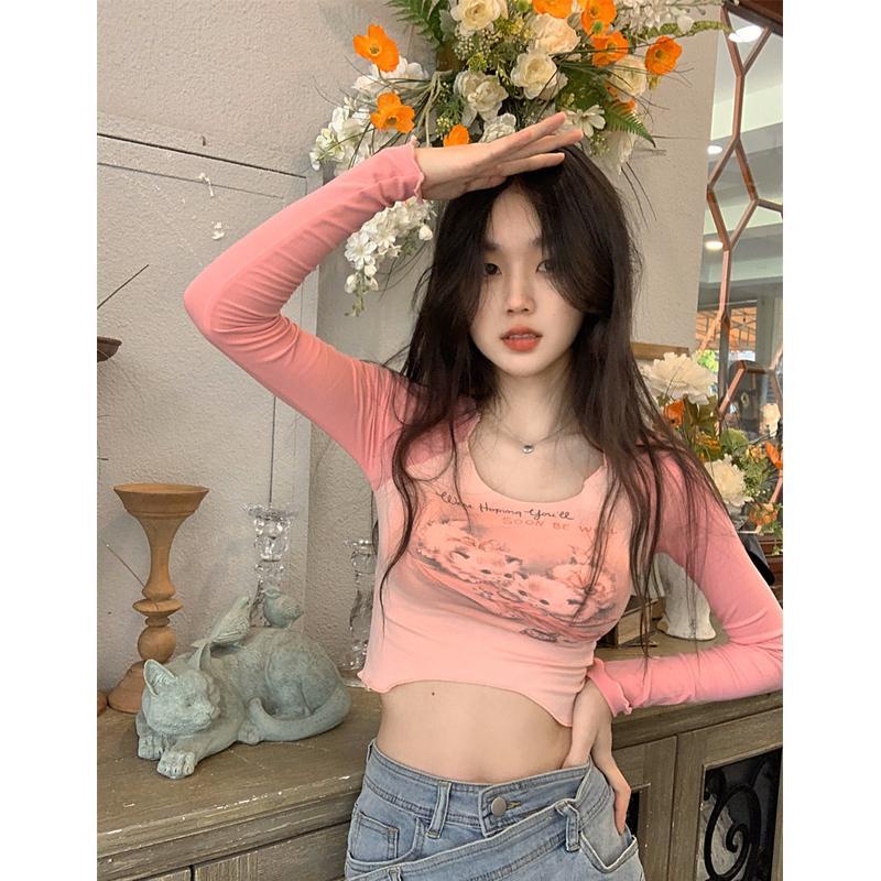 Suhao 2022 Musim Gugur Kucing Cetak Kaos Bawahan Rasa Hong Kong Leher U Warna Kontras Lengan Panjang T-shirt Gadis Panas Pendek Dipotong Pusar Atasan Wanita Tren
