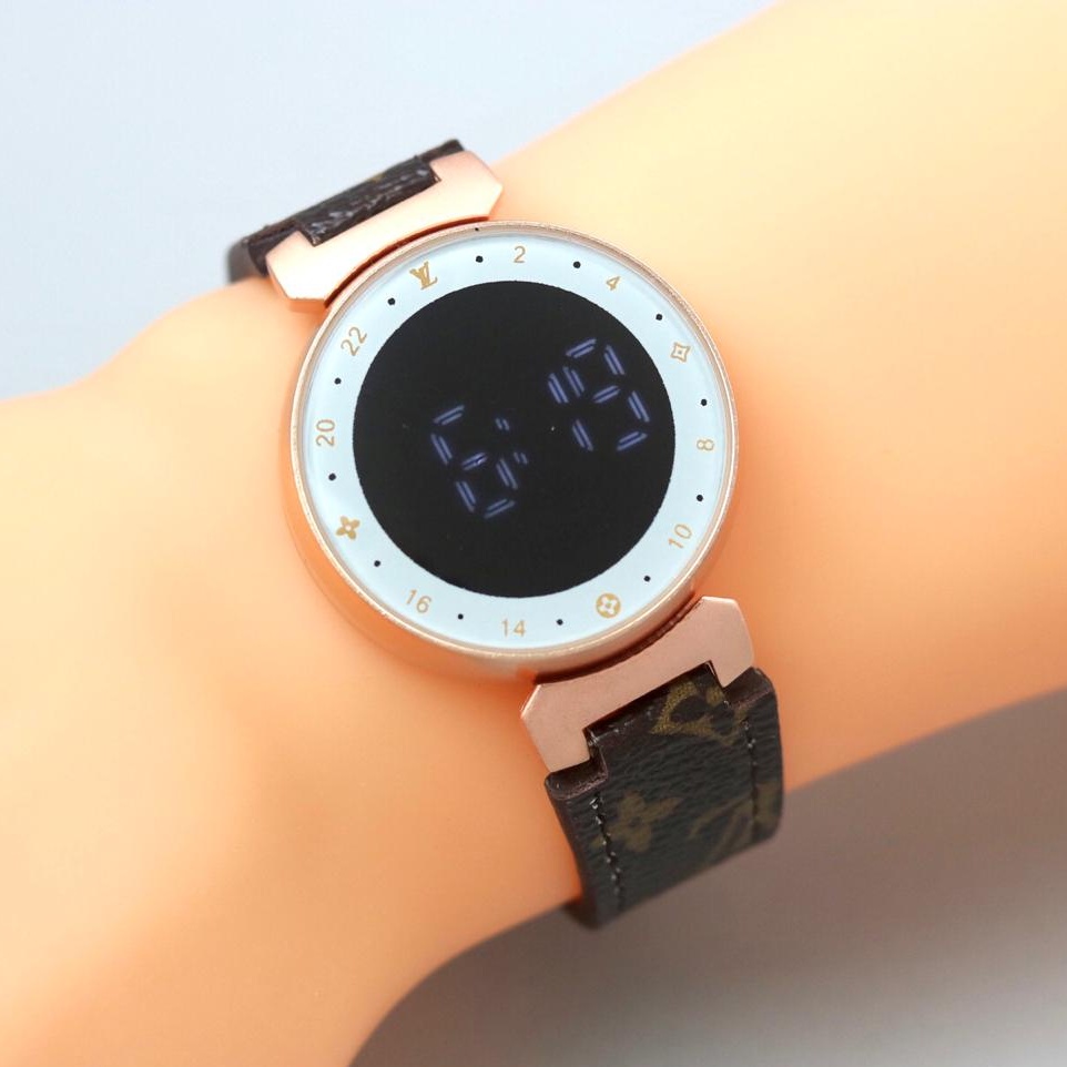 {COD✔️} NEW PREMIUM  Jam Tangan Fashion Wanita LV Tali Kulit Motif LV LED - Diameter 3.9cm - Free Bo