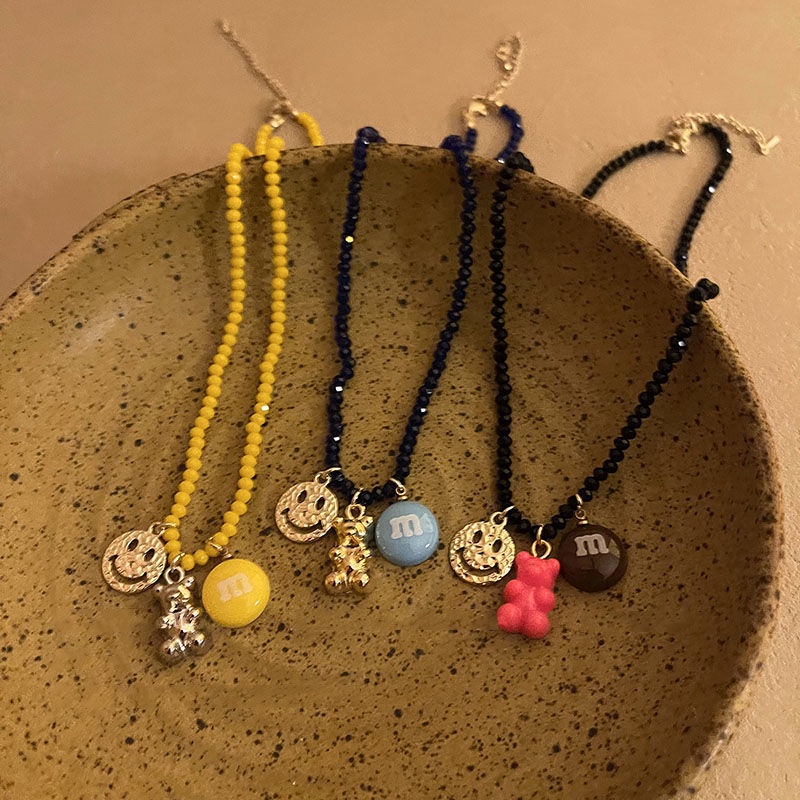 Kalung Rantai Klavikula Desain Kartun Beruang Tersenyum Warna-Warni Untuk Wanita