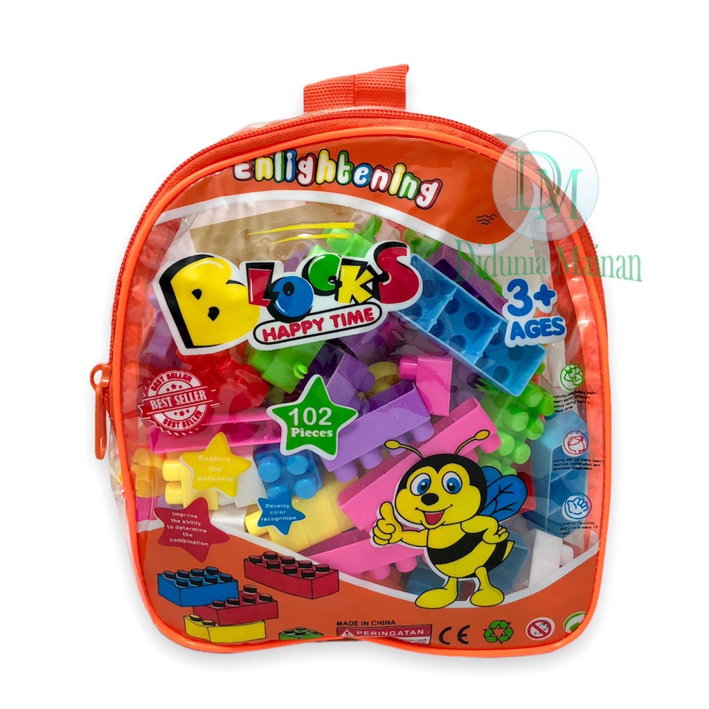 Mainan edukasi anak happy time tas balok susun bongkar pasang set building bricks block isi 102 pcs