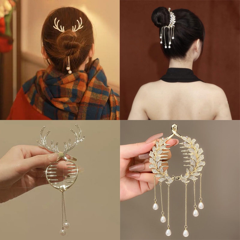 Aksesoris Jepit Rambut Ponytail Bahan Metal Aksen Mutiara Dan Berlian Imitasi Gaya Korea Untuk Wanita