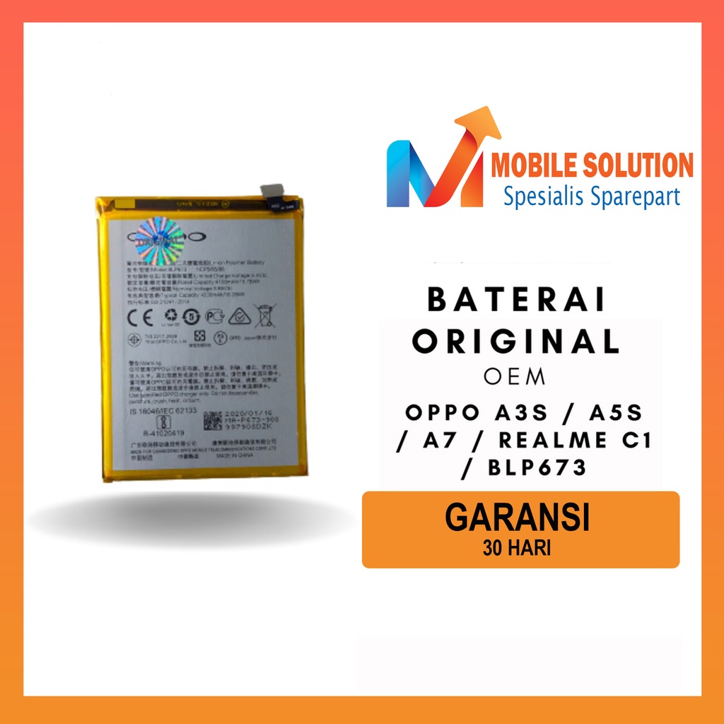 Grosir Baterai Oppo A3S / Baterai Oppo A5S / Baterai Oppo A7 / Baterai Realme C1 / Baterai Oppo Blp673 Oem - Parts Kompatible Dengan Produk Oppo Garansi 1 Bulan + Packing