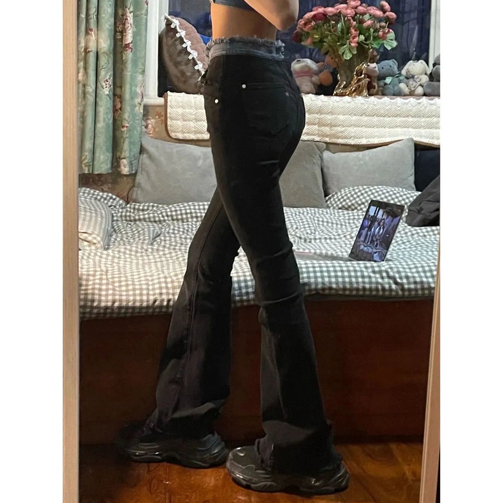 Suhao Spice Girls High Waist Micro Flared Jeans Wanita Akal Desain Niche Musim Gugur 2022 Baru Hitam Horseshoe Celana Ins