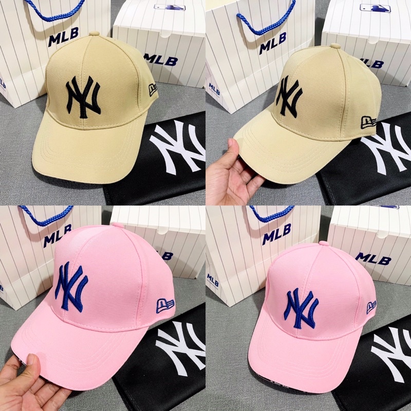 TOPI BASEBALL MLB CAP NEW YORK BEIGE FONT BLACK//BABY PINK FONT BLUE