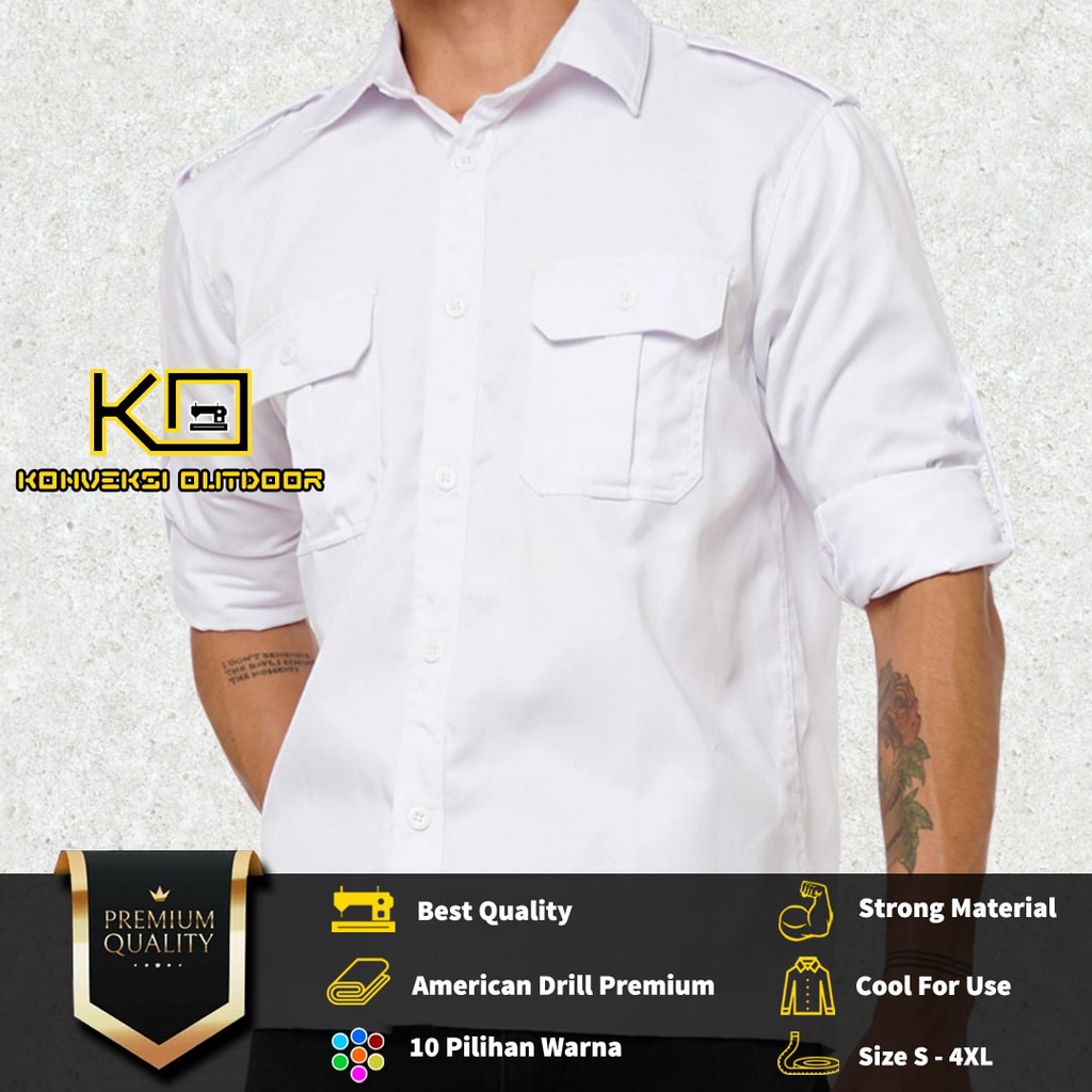 BAJU KEMEJA PDL LAPANGAN OUTDOOR INDOOR PRIA LENGAN PANJANG - Seragam Kerja Kantor Group Kemeja Lapangan Outdoor Gunung Taktikal Comunitas Kemeja Dinas PDH PNS Cargo Safari Paspampres Security Satpam Tactical Americand Drill American America - Warna Putih