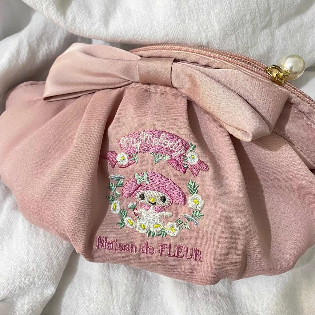 ⊙☈№Sera 2022 baru Jepang lucu berkapasitas besar kawaii Melody busur tangan membawa tas kosmetik tas penyimpanan bordir