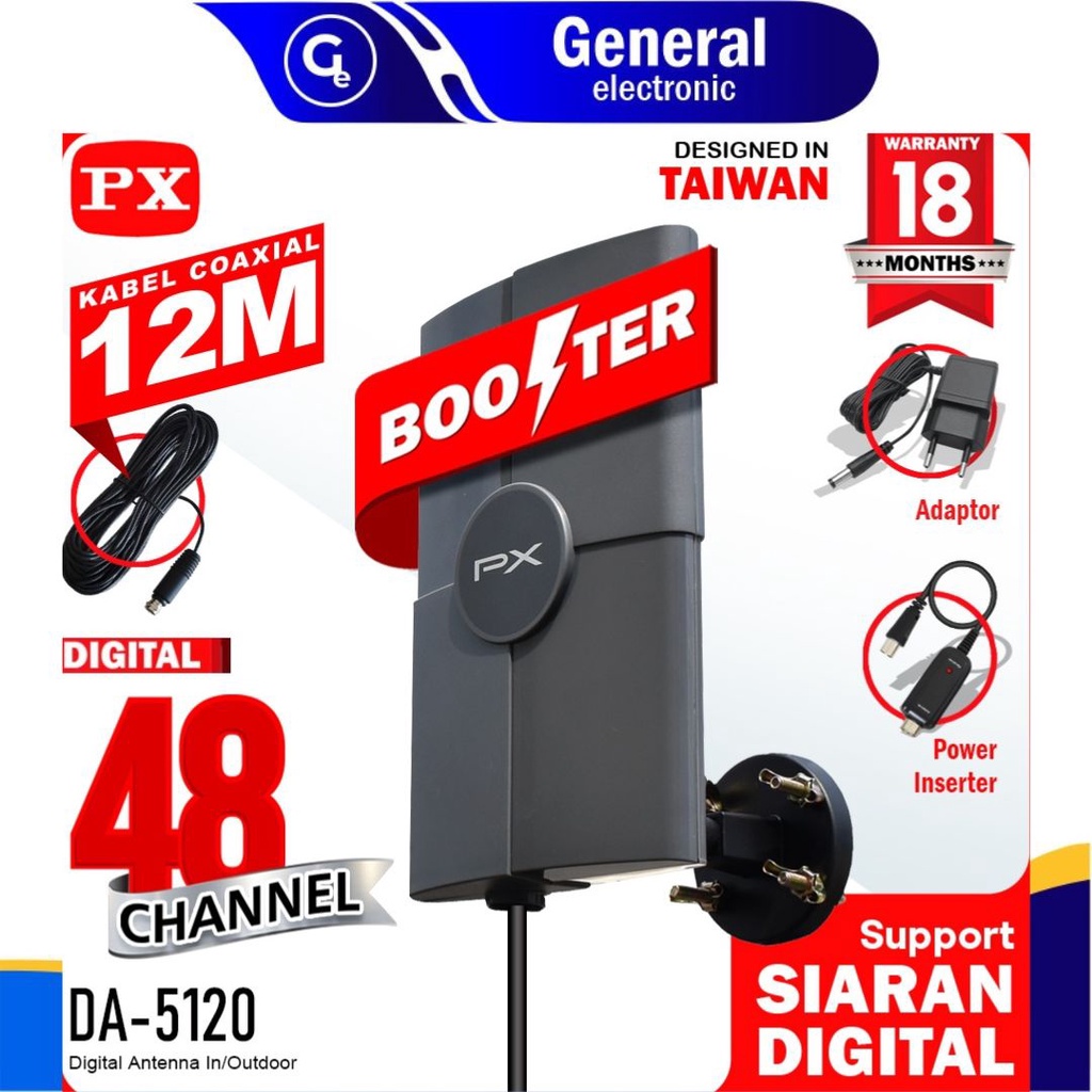 Antena TV Indoor / Outdoor PX DA-5120 Digital TV / Booster dan Power Inserter + Kabel 12 Meter