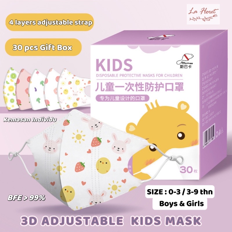 BABY/ANAK 3D Masker(Duckbill) 1-9 thn 4 layer (BFE>99%) adjustable EarStrap lembut & anti-allergy