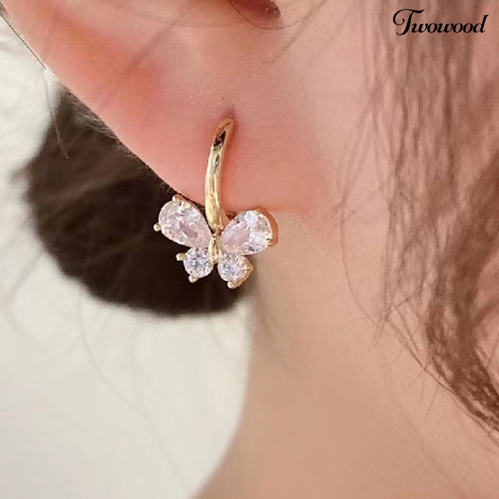 1 Pasang Anting Hoop Cubic Zirconia Bentuk Kupu-Kupu Geometris Electroplating Untuk Wanita