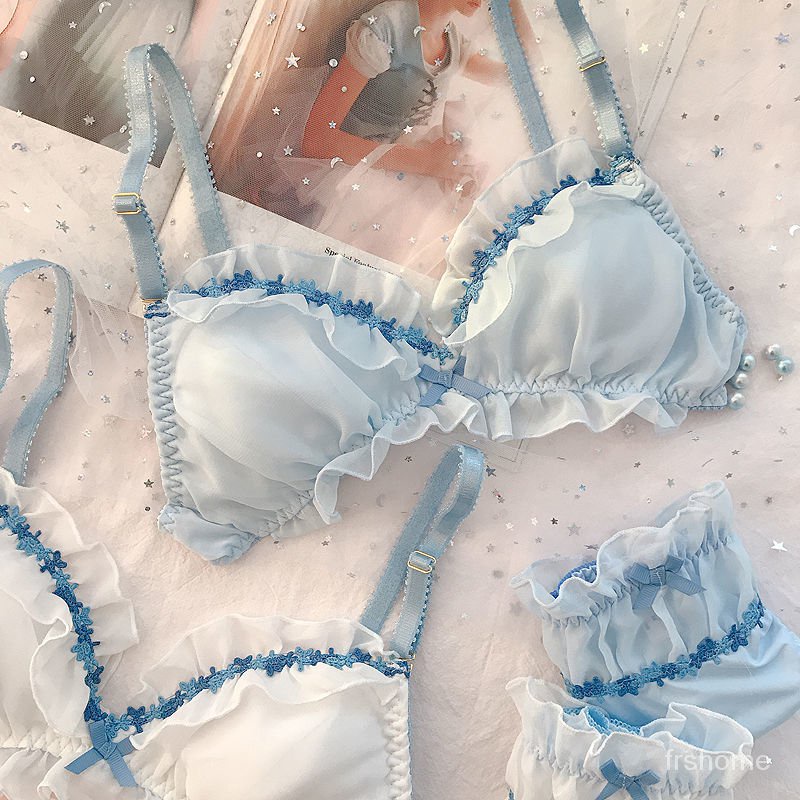 Bra cincin non-baja gadis Jepang baru set pakaian dalam sifon mesh set silky mesh bordir bra kecil