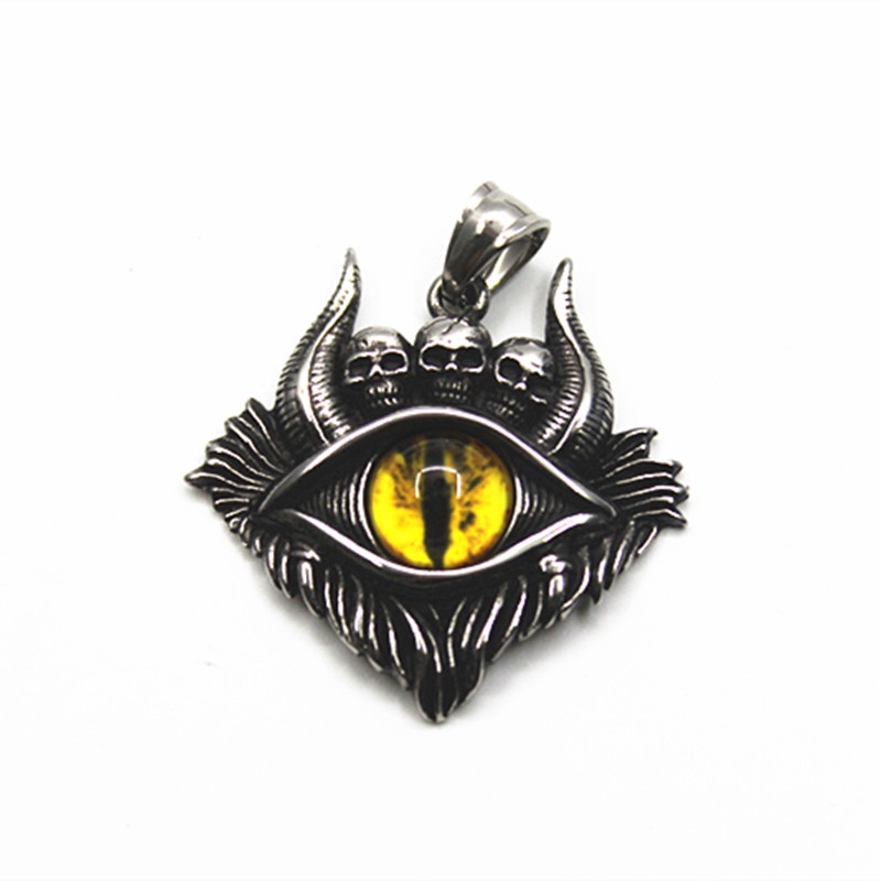 Kalung Liontin Mata Iblis Warna Kuning Gaya Retro Rock Untuk Pria