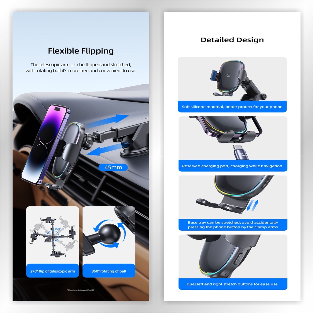 USAMS CD187 Car Holder Wireless Fast Charging 15W With Colorful Light