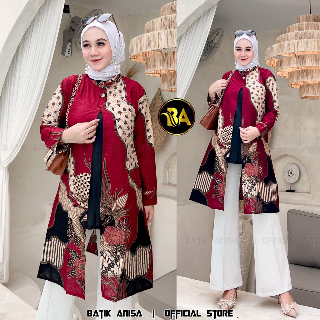 Batik alina Tunik Batik Baju Batik Wanita Modern Atasan Batik Kerja Wanita Bolero Lengan Panjang Blouse Batik Kantor Seragam M L XL XXL