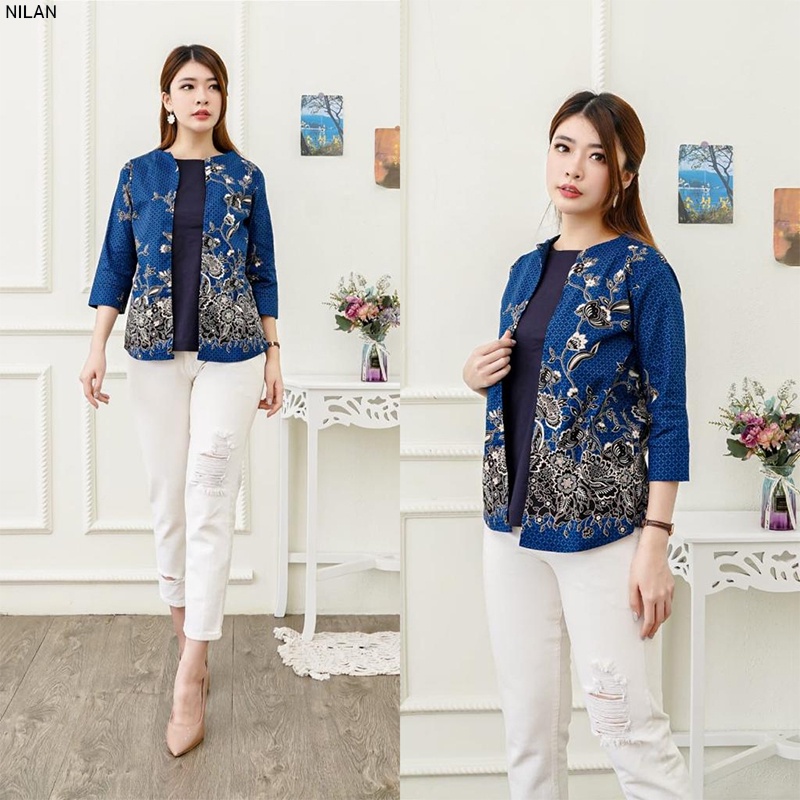 Evercloth Nilan Atasan Batik Jumbo Blouse Wanita Atasan Wanita Blouse Batik Wanita Lengan Panjang Atasan Batik Wanita 3/4 Navy Blazer Outer